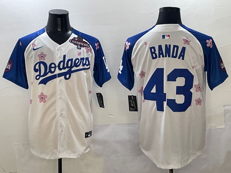 Men Los Angeles Dodgers #43 Banda White Blue Sakura Edition 2025 Nike MLB Jersey style 5